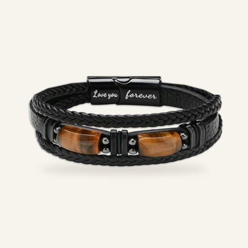 Black braided leather-look bracelet with two brown stones and a clasp engraved Love you forever