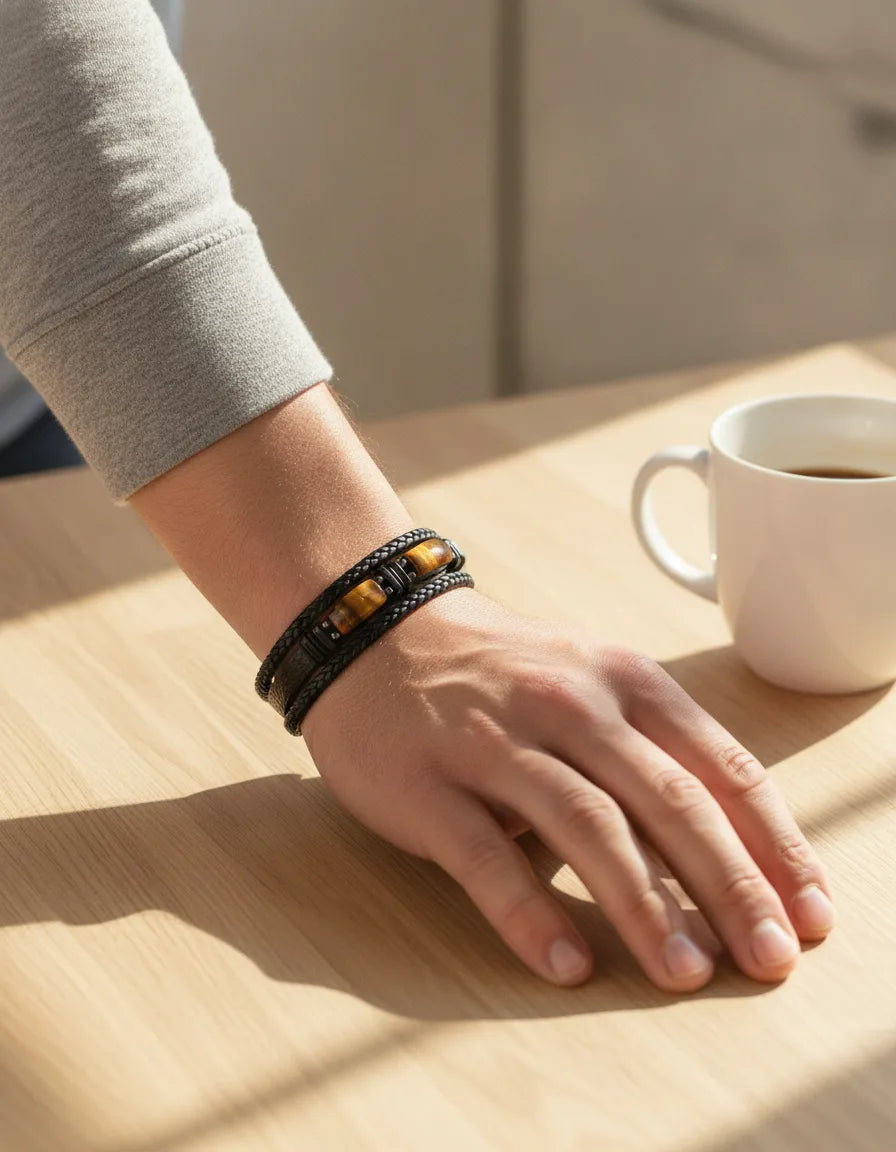 Engraved message bracelet worn on a man's wrist